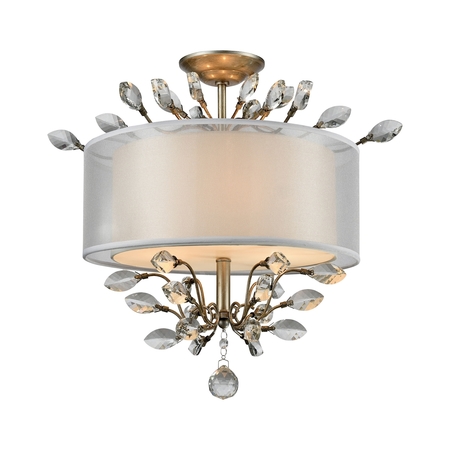 ELK LIGHTING Asbury 3-Light Semi Flush in Aged Silver with Organza and Fabric Shade 16281/3